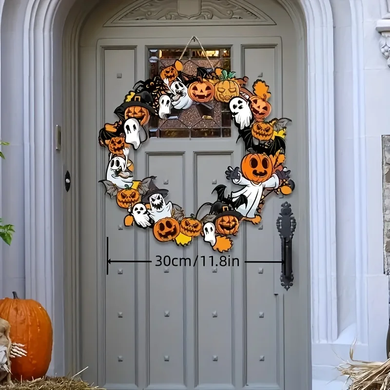 

1pc Vintage Halloween Wooden Bat Wreath Jack-o'-Lantern Pumpkin Garland Spooky Halloween Welcome Sign Scary Door Hanger