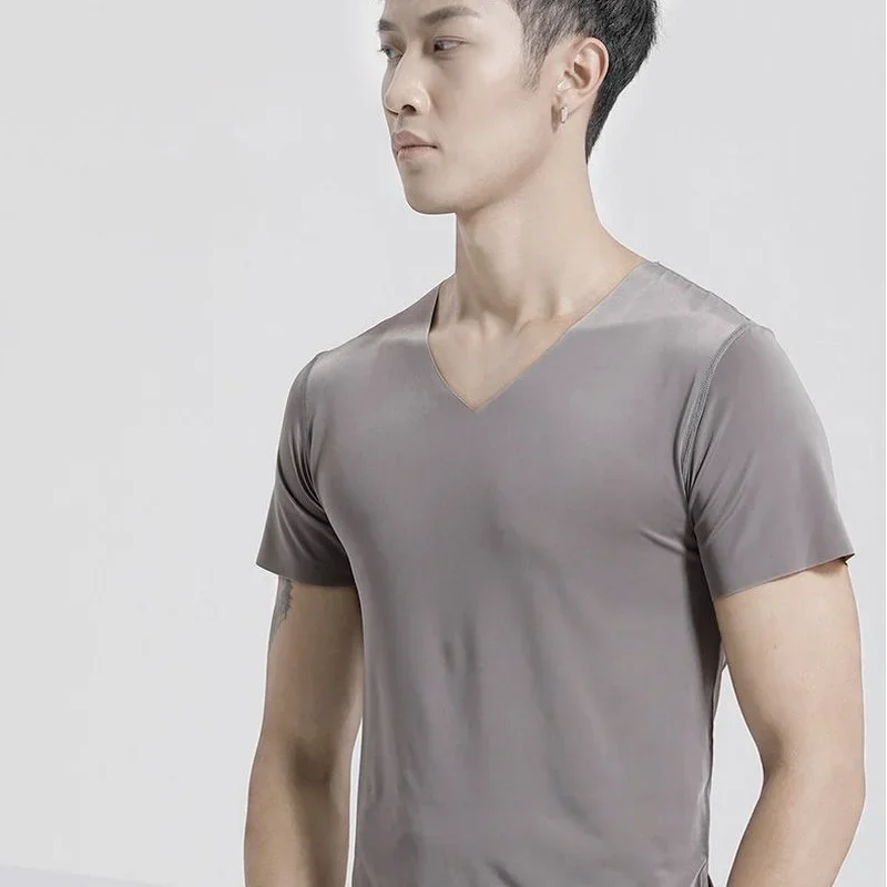 Fashion Summer V-neck T-Shirt  Breathable Ice Silk T-Shirt Vest Men\'s Sports Short Sleeve T-shirt Ice Silk Solid Color Tees