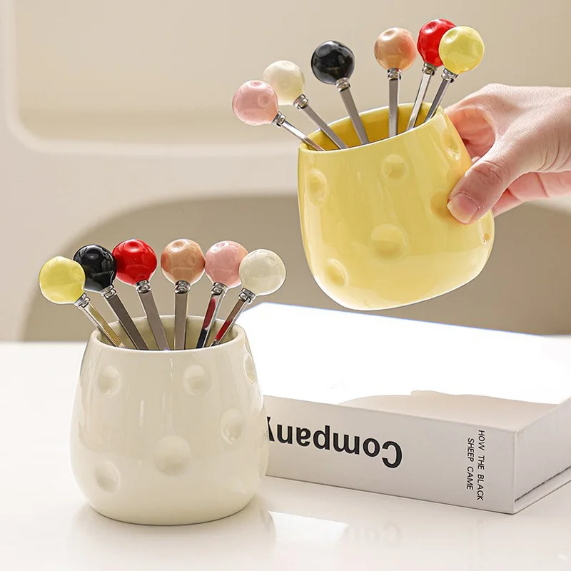 Ins Ceramic Cheese Storage Jar 304 Stainless steel Fruit Sweet Lovely Forks Creative Storage Bottle Colorful Dopamine Forks Suit