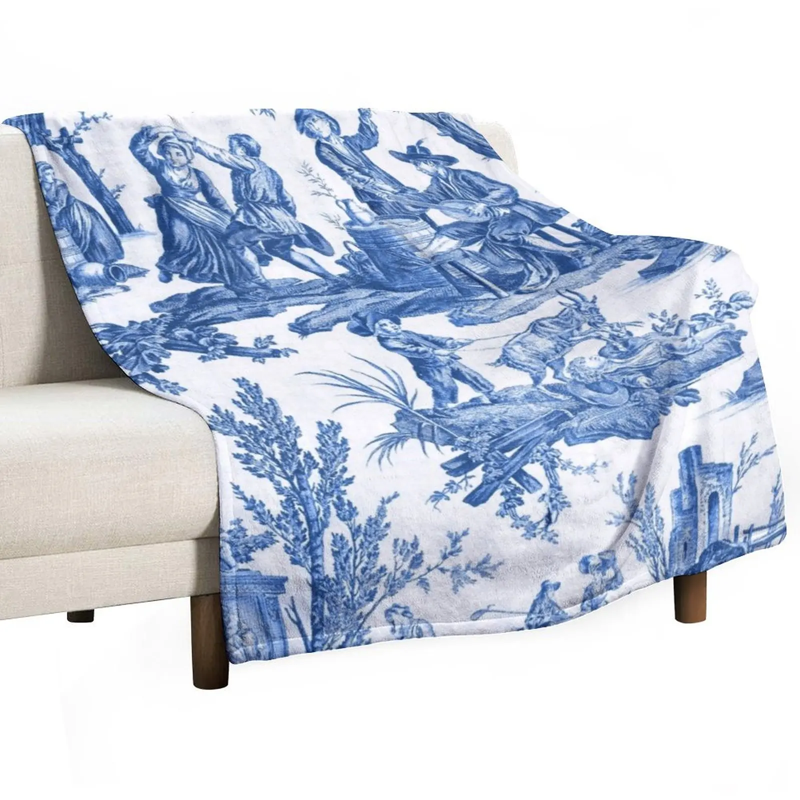 

Blue and White Toile de Jouy Throw Blanket Plaid blankets and throws Hair Bed Blankets