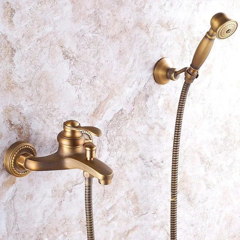 

European Style Antique Retro Bathroom Shower Faucet Copper Brass Shower Set with Hand Shower Antique Bathtub Mixer Taps Crane