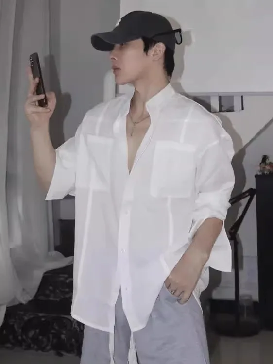 

Loose Fit Linen Long Sve Men's irt Stand Collar Breathable Sun Protection Open Cardigan Striped Pattern Youth Faion