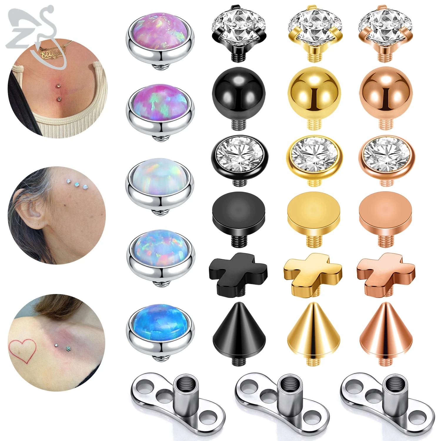 ZS 1 Set 2.5/3/4MM CZ Crystal Micro Dermal Piercing Men Women Stainless Steel Dermal Anchor Surface Piercings Opal Skin Diver