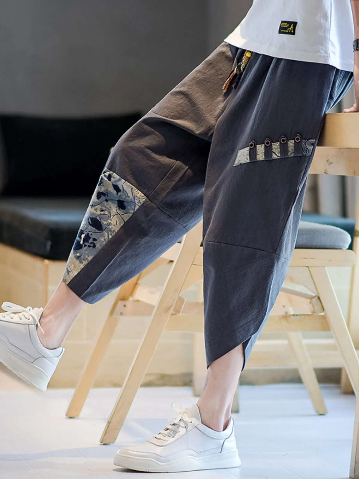 

Мужские брюки в стиле ретро в китайском стиле в стиле пэчворк с цветочным принтом в стиле Харадзюку, спортивные повседневные брюки-морковка со средней талией, семь деталей, лето