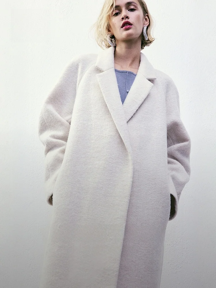 H&M Casaco de lã feminino inverno lapela confortável botão duplo casaco de comprimento médio Ele Outerwear 5993