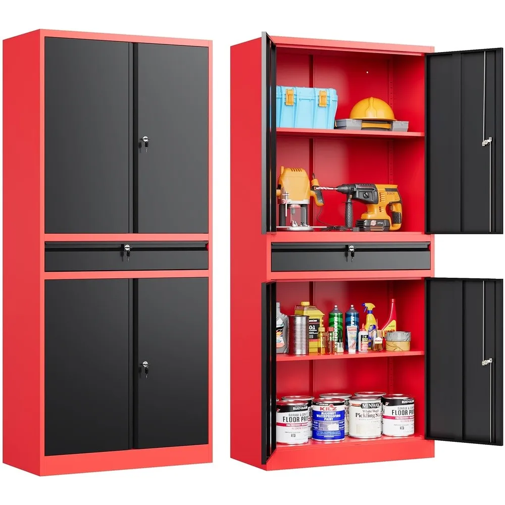 Metal Storage Cabinet with Drawer and Lock Garage Storage Cabinet with Locking Doors and Shelves 71