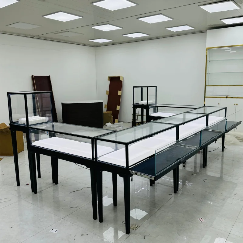 

Customize.High-quality Glass Jewelry Display with a Sleek Black Iron Frame Commercial Use Removable
