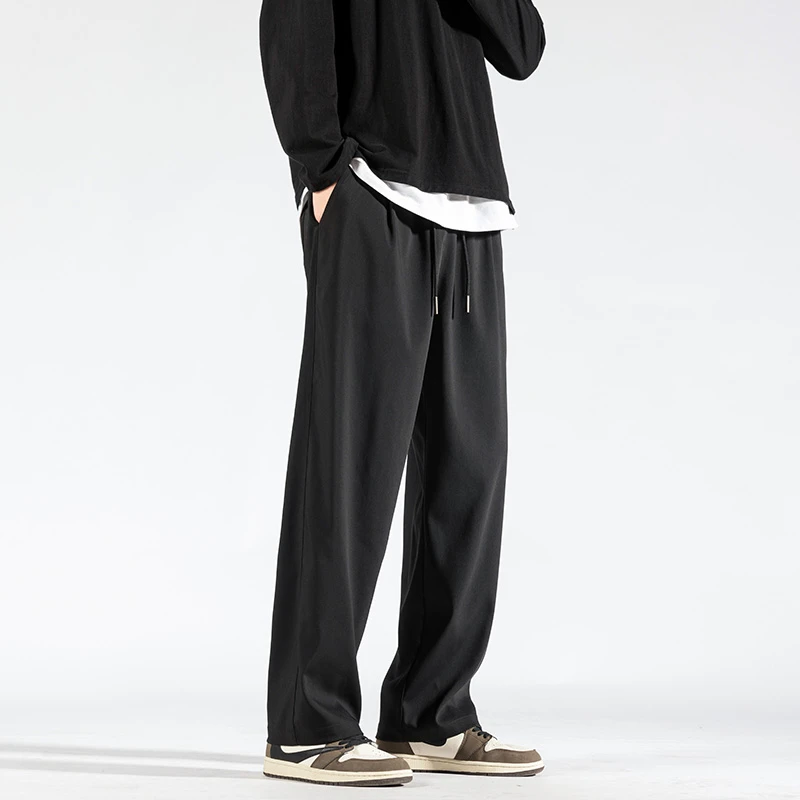 

Модные свободные мужские брюки прямого кроя из струящейся ткани, однотонные, в гонконгском стиле, летние повседневные спортивные брюки с широкими штанинами