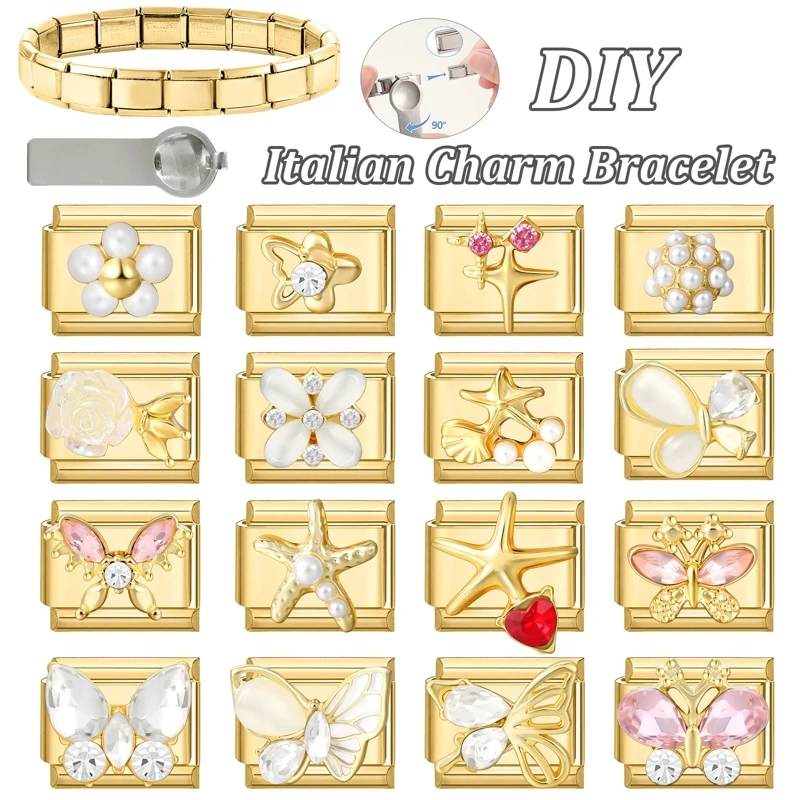 

Zircon Heart Bow Butterfly Starfish Gold Color Italian Charm Links Fit 9MM Stainless Steel Bracelet Women Men DIY Making Jewelry