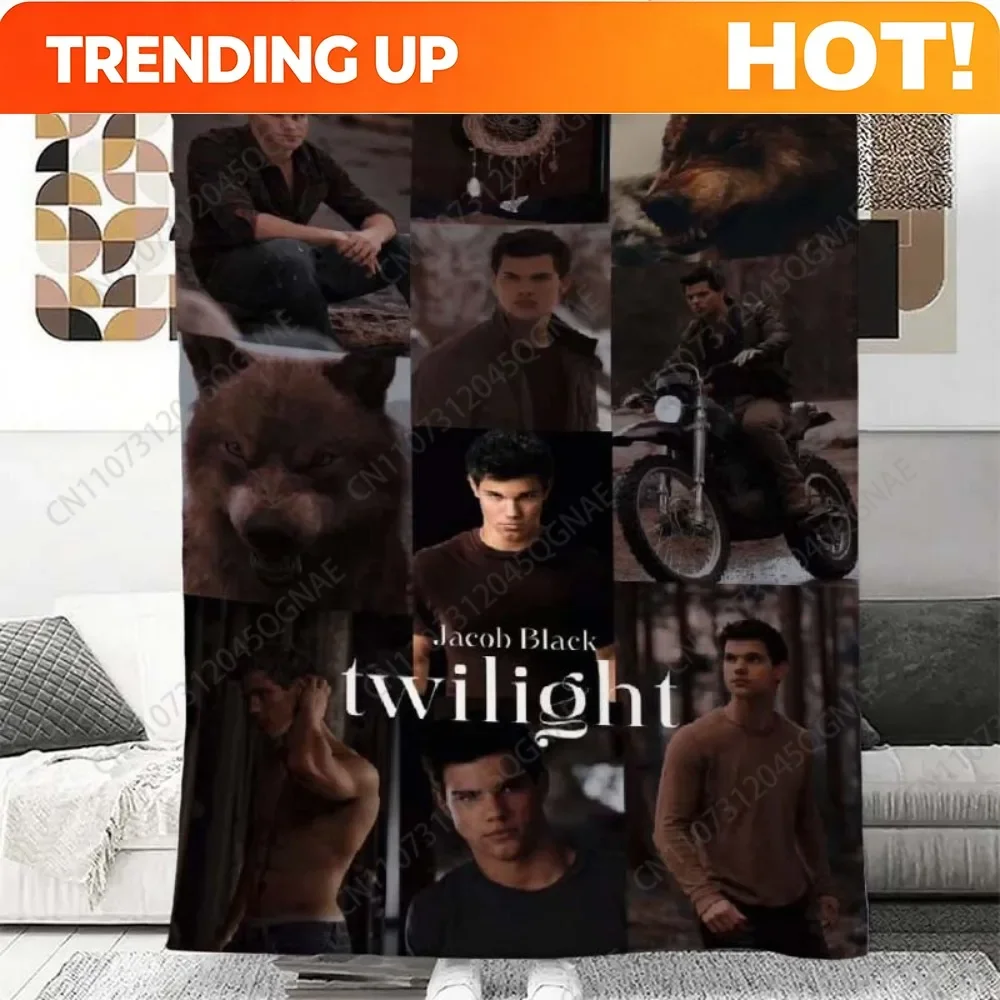Custom [Edward In Jacob Black Form] Twilight Saga Jacob Black & Wolf Collage Throw Blanket - Soft Flannel Bedspread, Cozy Fleece