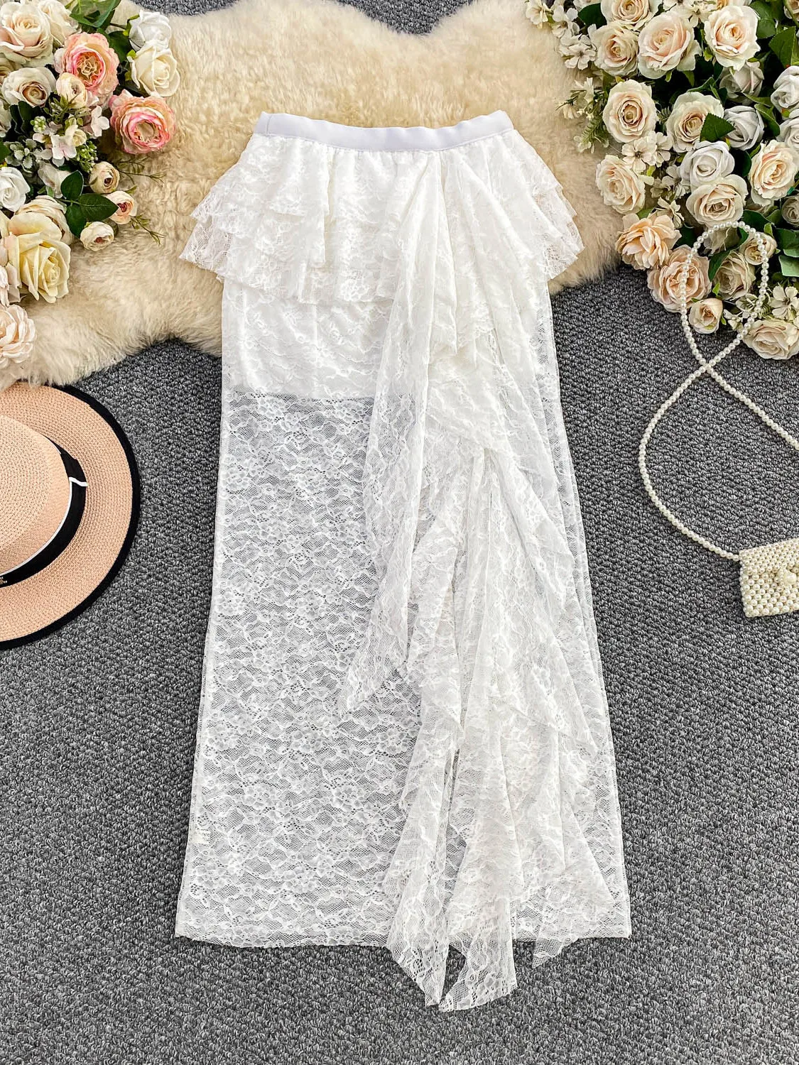 

Ele Mid-Length Lace Trim Slimming Women's Skirt High Waist Cake Skirt Soft Comfortable Commute Sle Korean Version