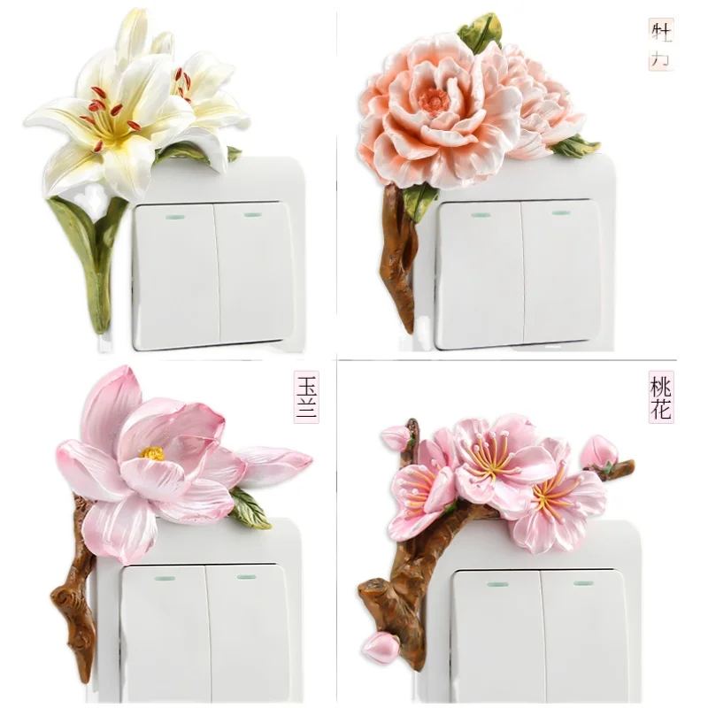 3d Creative Resin Switch Stickers Decorative Wall Stickers Light Luxury Living Room Bedroom Socket Wall Protective Cover Flowers