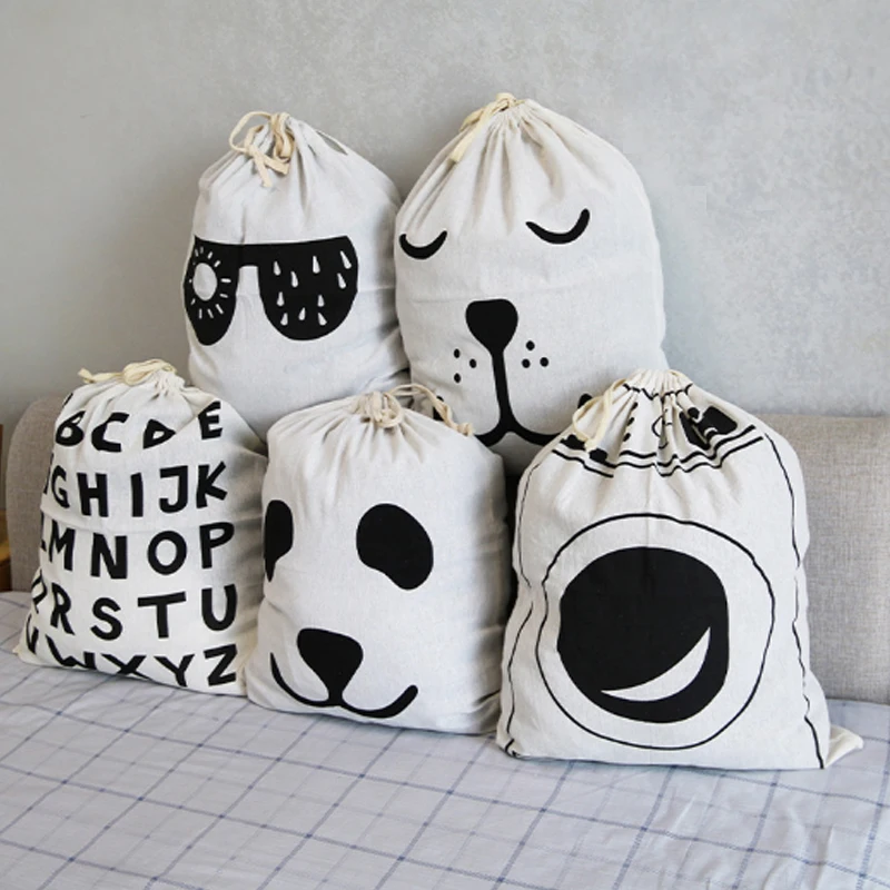 Linen Cotton Laundry Bag Animal Stripe Pattern Cute Basket Home Toy Storage Bag Drawstring Dirty Clothes Bag Organizer Bag