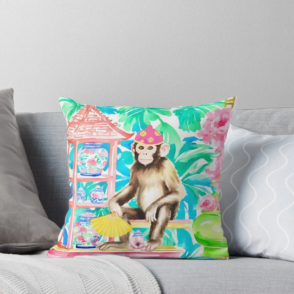 

Preppy monkey with yellow fan in chinoiserie interior Throw Pillow Sofa Cushions Covers Pillow Cover pillow