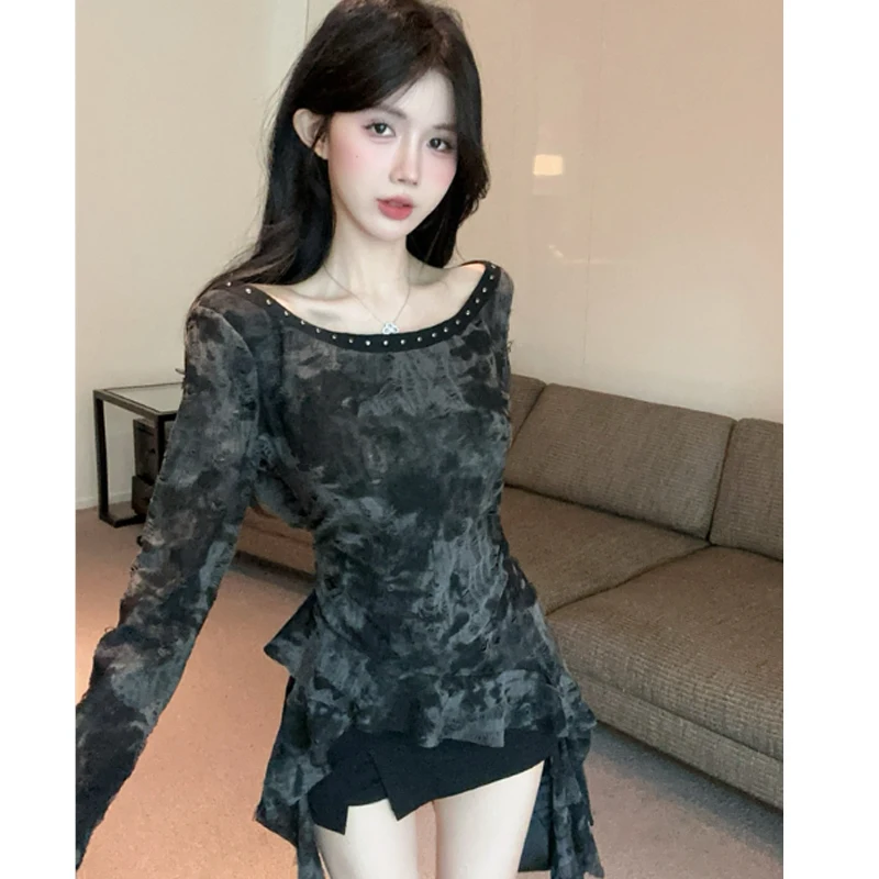 Fashion Women T-shirt Slim Long Seeve Irregular Ruffled Tops Spring Autumn Printed Shirt
