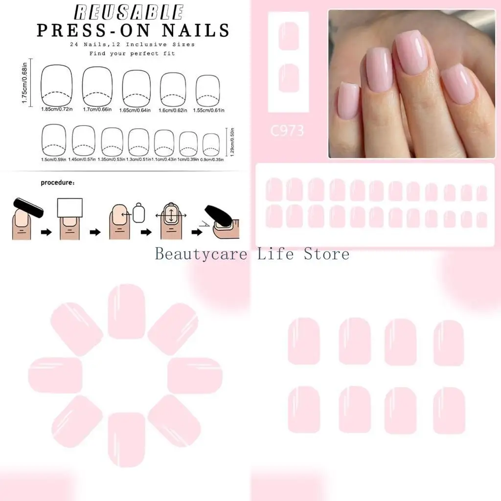 652C Square Press on Nail Pink Fake Nail Stick on Nail in 12 Sizes,24 Pcs French Nail Tips for DIY Nail Art Decorations