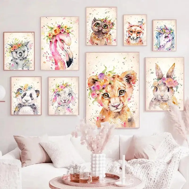 Encantador acuarela Animal pared arte flamenco León bebé HD lienzo impreso para habitación de niños perfecto jardín de infantes decoración hogar Dec