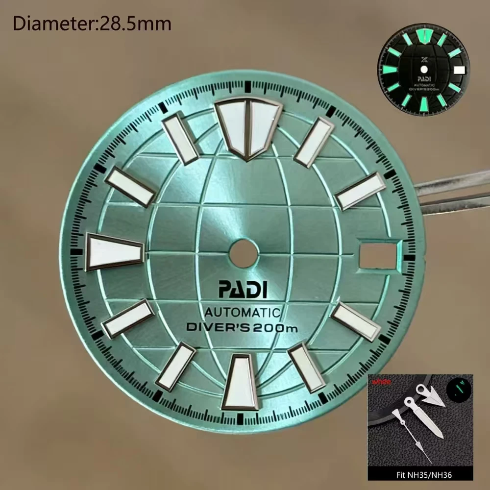 Hot Selling 28.5mm NH35 PADI S Logo Dial Silver Tiffa Blue Sunray Grenade Dial for NH35 Movement Modification Parts Dials