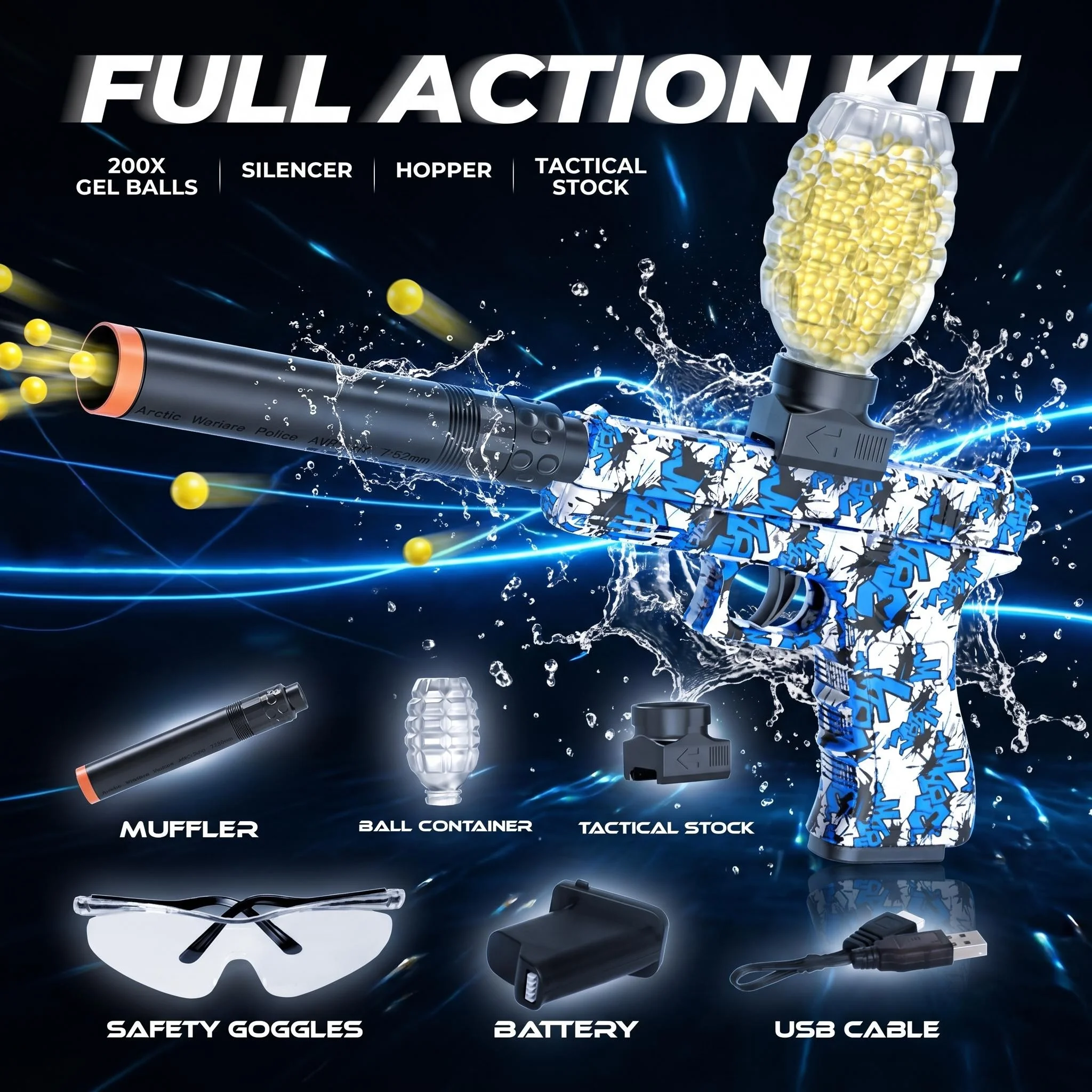 Electric Soft Rubber Ball Launcher Toy Gun Set (including 200 soft rubber balls, suitable for outdoor shooting games)