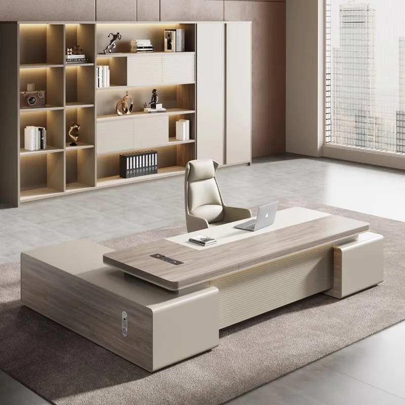Light‑Grey Contrast Built‑in LED Light L‑Shape Executive Desk Modern Luxury Boss Office Desk with Large Side Storage Cabinet