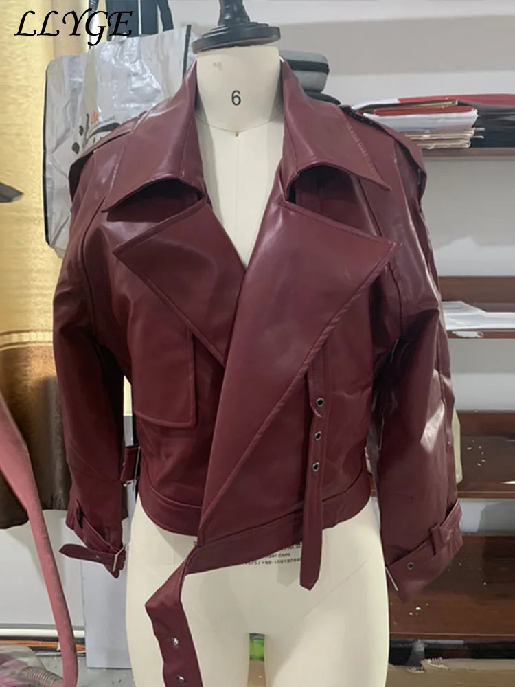 Elegant Women\'s Short Leather Jackets With Belt Loose Lapel Long Sleeved Patchwork Coat 2024 Autumn Lady Street Urban Outwears 