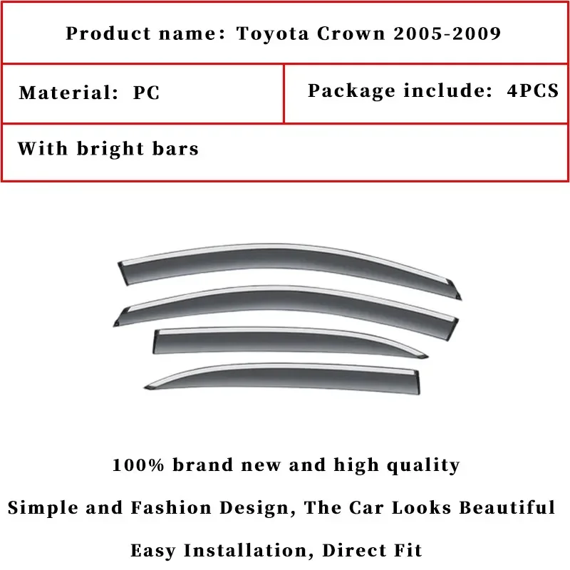 For Toyota Crown Car Accessories Window Visor Sun Rain Wind Deflector Awning Shield Vent Guard Shade Cover 4Pcs 2005-2009