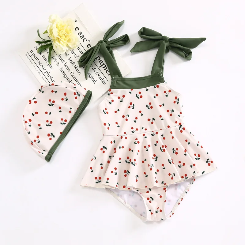 Bañador de una pieza con estampado de lunares para niñas, traje de baño de encaje con volantes, Bikini de secado rápido, ropa de playa para niños