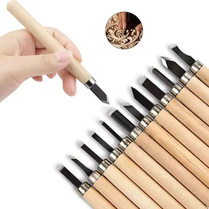 Professional 12‑Piece Wood Carving Chisel & Gouge Hand Tool Set for Woodworkers Basic Detailed DIY Art Craft Carving Projects