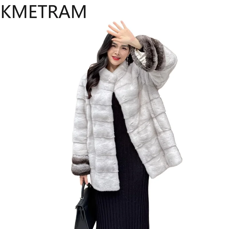 

KMETRAM 100% Whole Mink Fur Jackets Woman Mid Length Real Mink Fur Coat with Chinchilla Sleeve Winter Jacket Women Clothing 2026