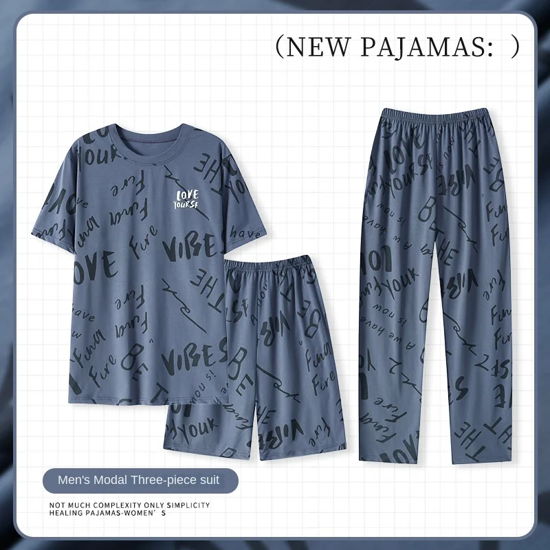

Men's Modal Three-piece Pajamas Set Summer Large-size 3XL Casual Can Be Worn Outside Thin Cool Ice Silk Home Clothes Sleepwear