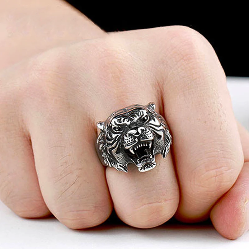 Domineering Gold Color/Black/Silver Color Tiger Ring Cool Men Stainless Steel Gothic Punk Biker Ring Fashion Male Animal Jewelry