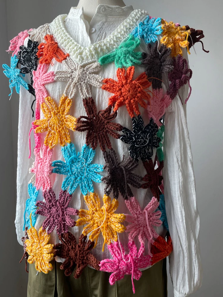 Handmade Crochet Floral v-neck Vest 2024 Women Niche Design Chic Hollow-out Colorful Sweater Outfit Women Clothes