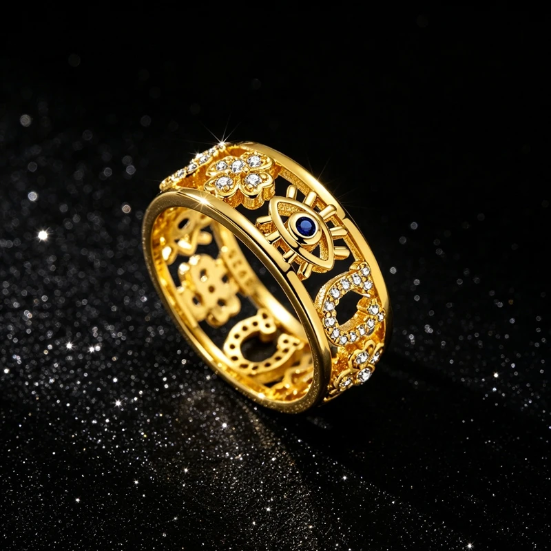 

925 Sterling Silver Finger Ring for Women Golden Clover Horseshoe Eye 6-9 Size Party Aniversary Female Jewelry Gift