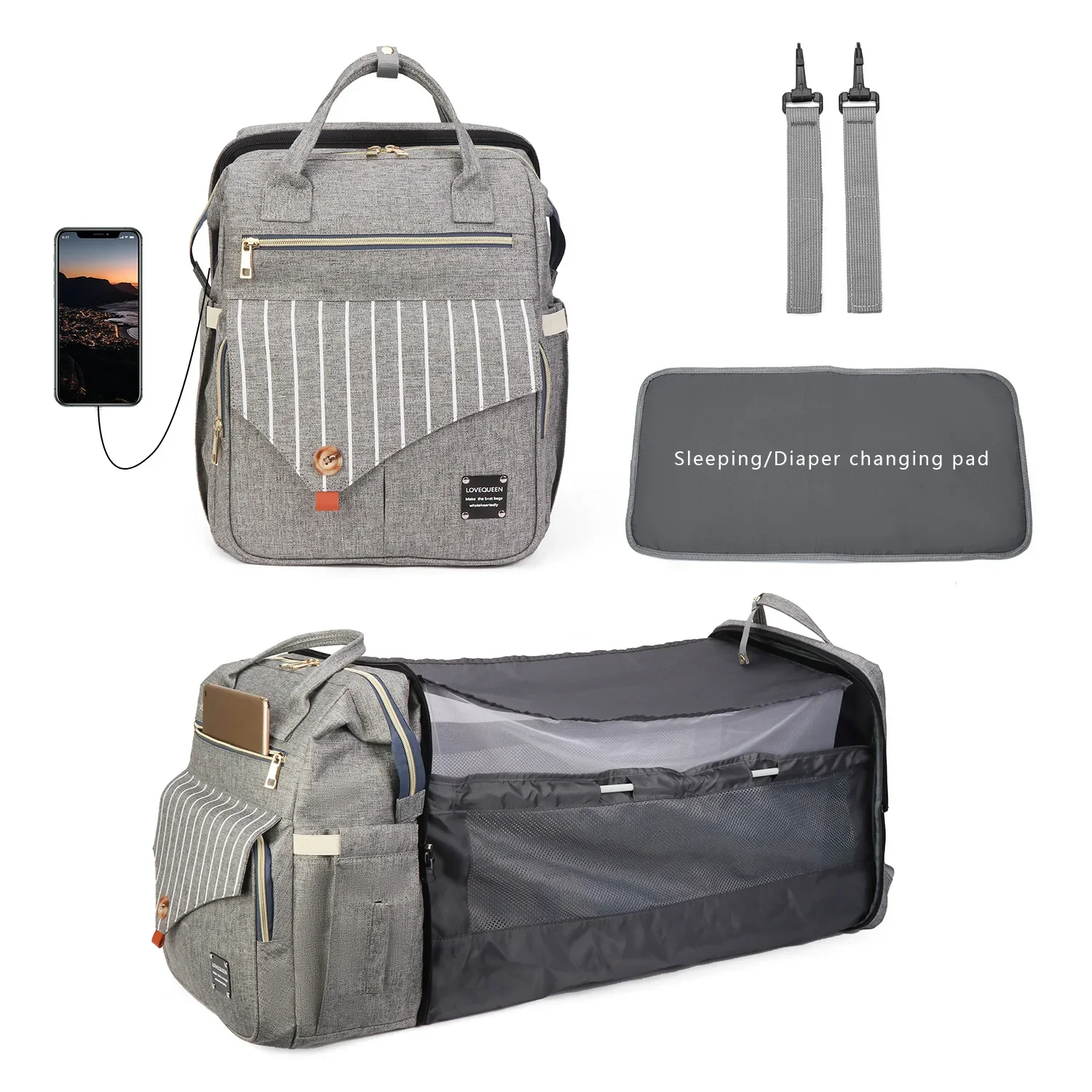 

Foldable Baby Bed Waterproof Travel Bag with USB Charge Diaper Bag Backpack with Changing Bed 3 Types 3 in 1 Diaper Bag Backpack