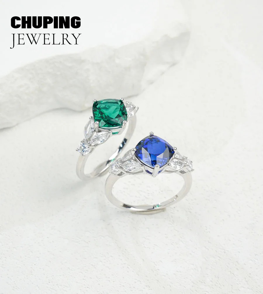 

ChuPing Fine Jewelry Lab Grown Colored Gemstones Cushion Cut 8*8mm 2CT S925 Silver Ring For Wedding Classic Engagement Gift