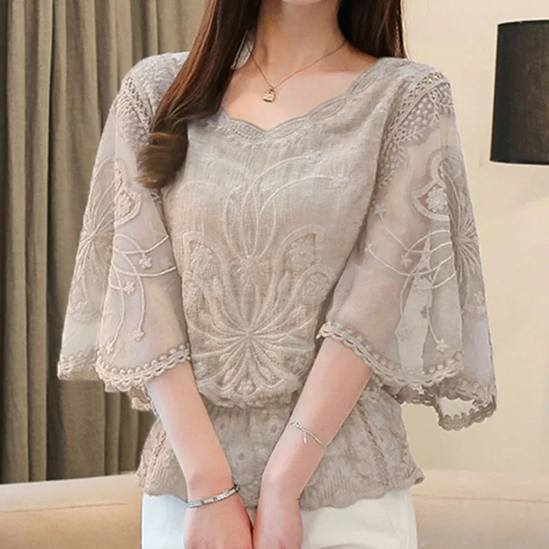 Flower Half Sleeve Shirt Women Elegant Fashion New Butterfly Chiffon Blouse Summer Cotton Edge Lace O Neck Loose Shirt 4073 50