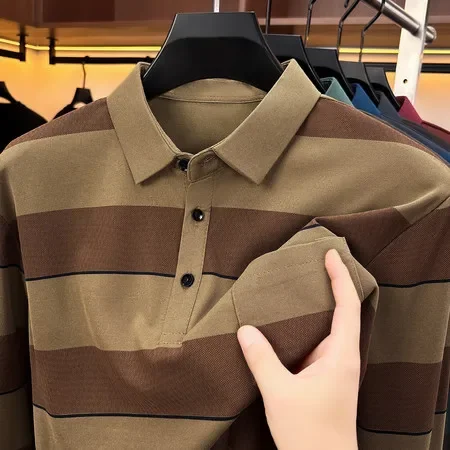 Casual Lapel Polo Pullover For Men Long Sleeve Horizontal Stripe Pattern Breathable Material Daily Walking Clothing