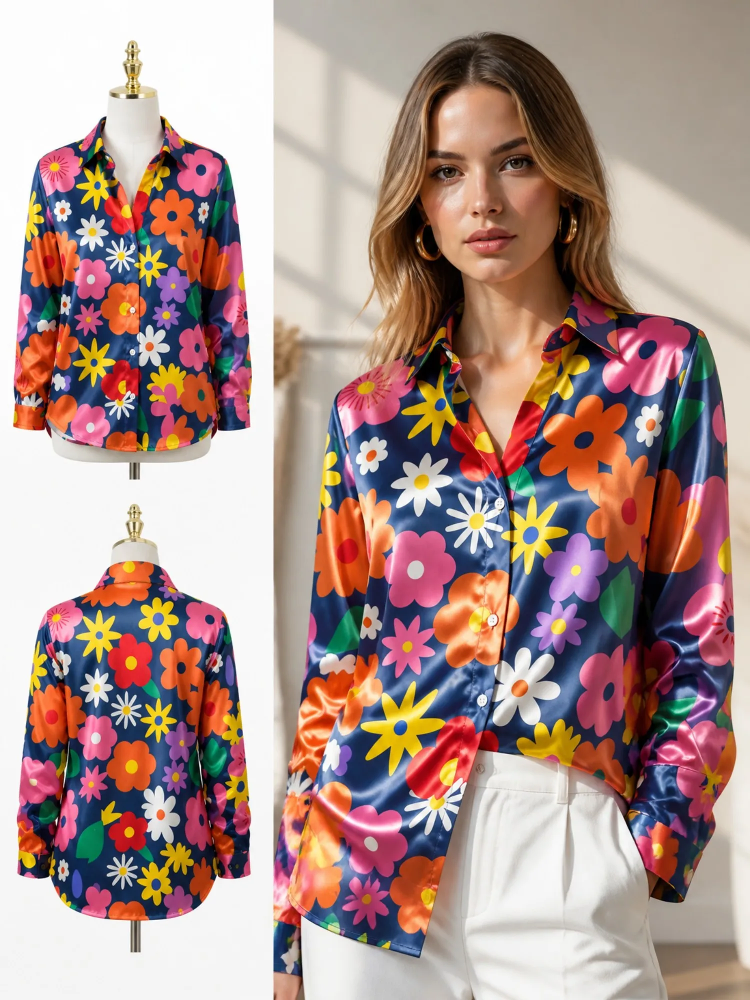 Green Tropical Satin Button Shirt for Women Hibiscus Bird Leaf Print Long Sleeve Blouse Summer Resort Vacation Fashion Top