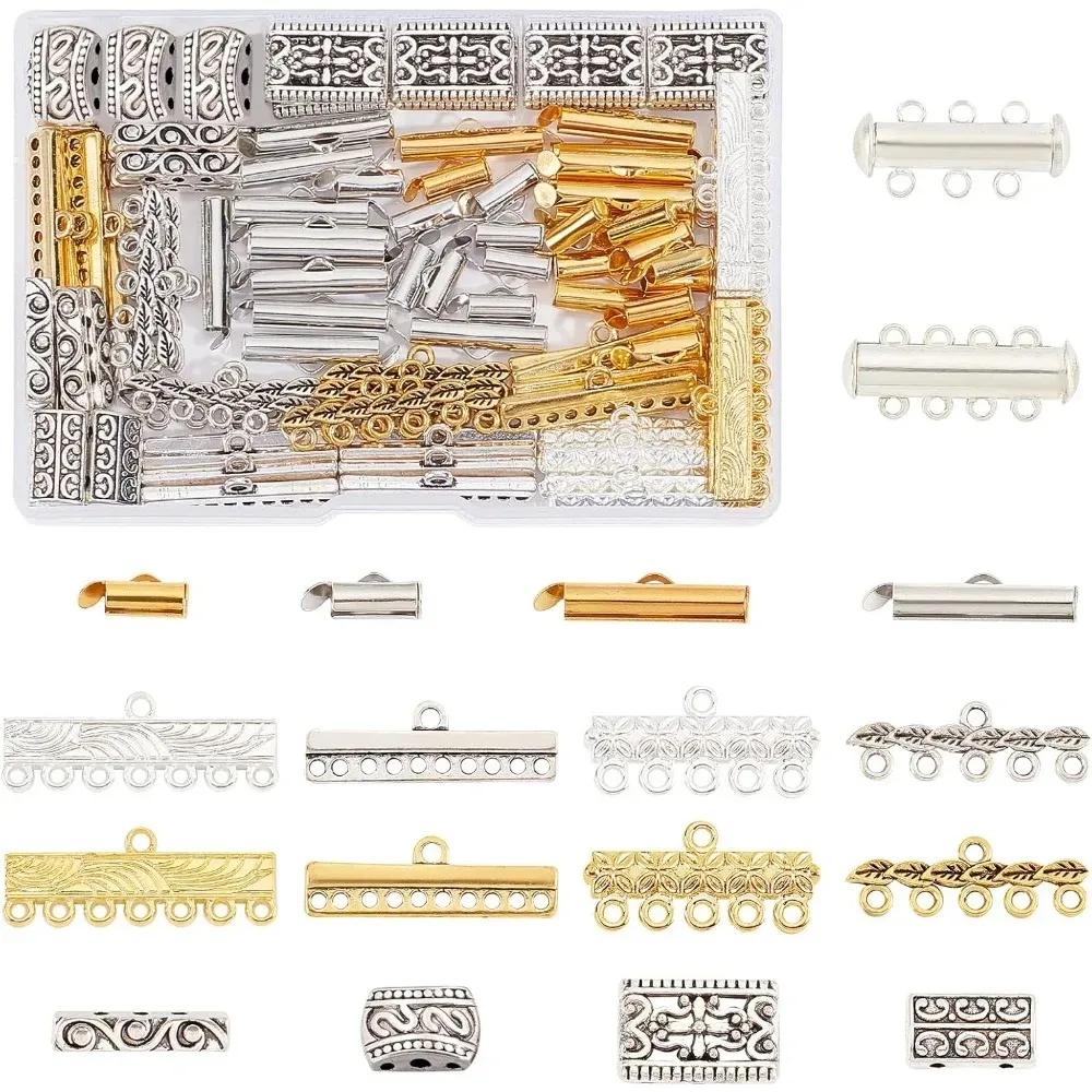 

18 Styles Layering Clasp 166pcs Slide Lock Clasps Multi Strand Necklace Slide On End Clasp Tubes Charm Connector Links