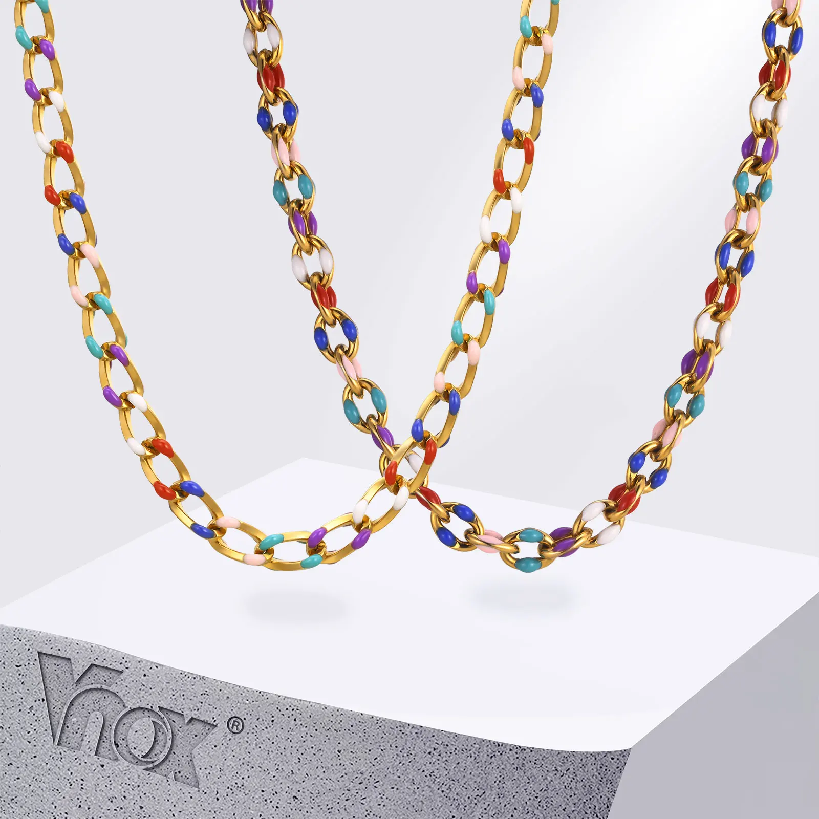 

Vnox Colorful Enamel Chain Necklaces for Women, Gold Plated Stainless Steel Bright Chokers, Cuban Chain Collar