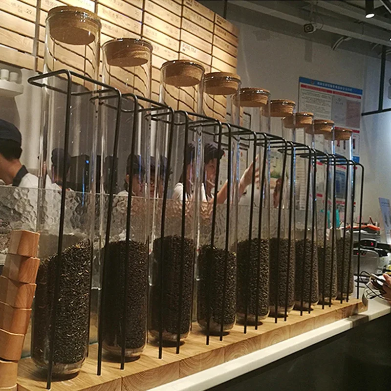 Boîtes de rangement en verre pour thé au lait, présentoirs à thé, étagères en fer, boîtes de grains de café, présentoirs de comptoir de bar