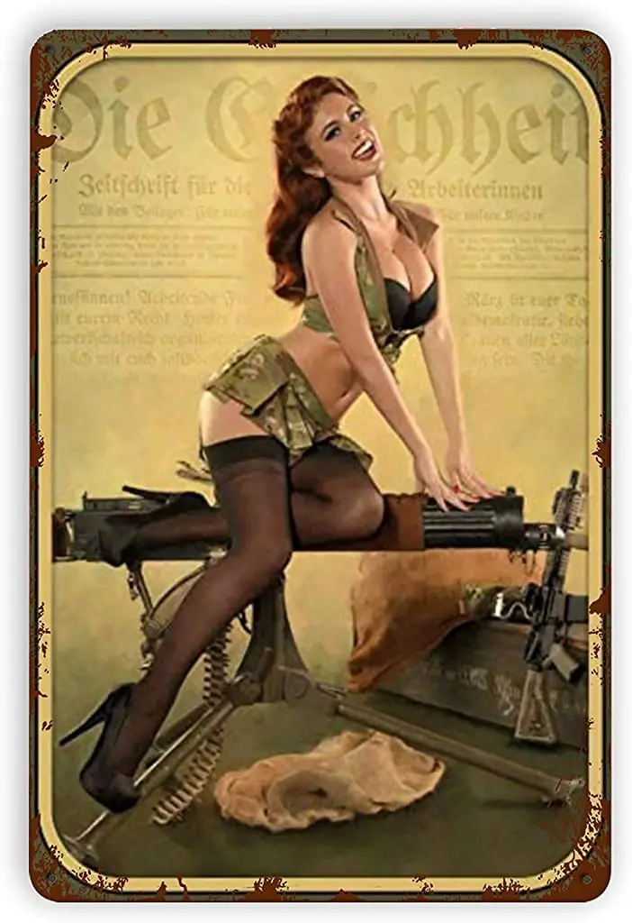 Army Pin Up Girl Motiv Metal Tin Signs, Vintage Wall Decor Retro Art Tin Sign Funny Decorations for Home Bar Pub Cafe Farm  sign