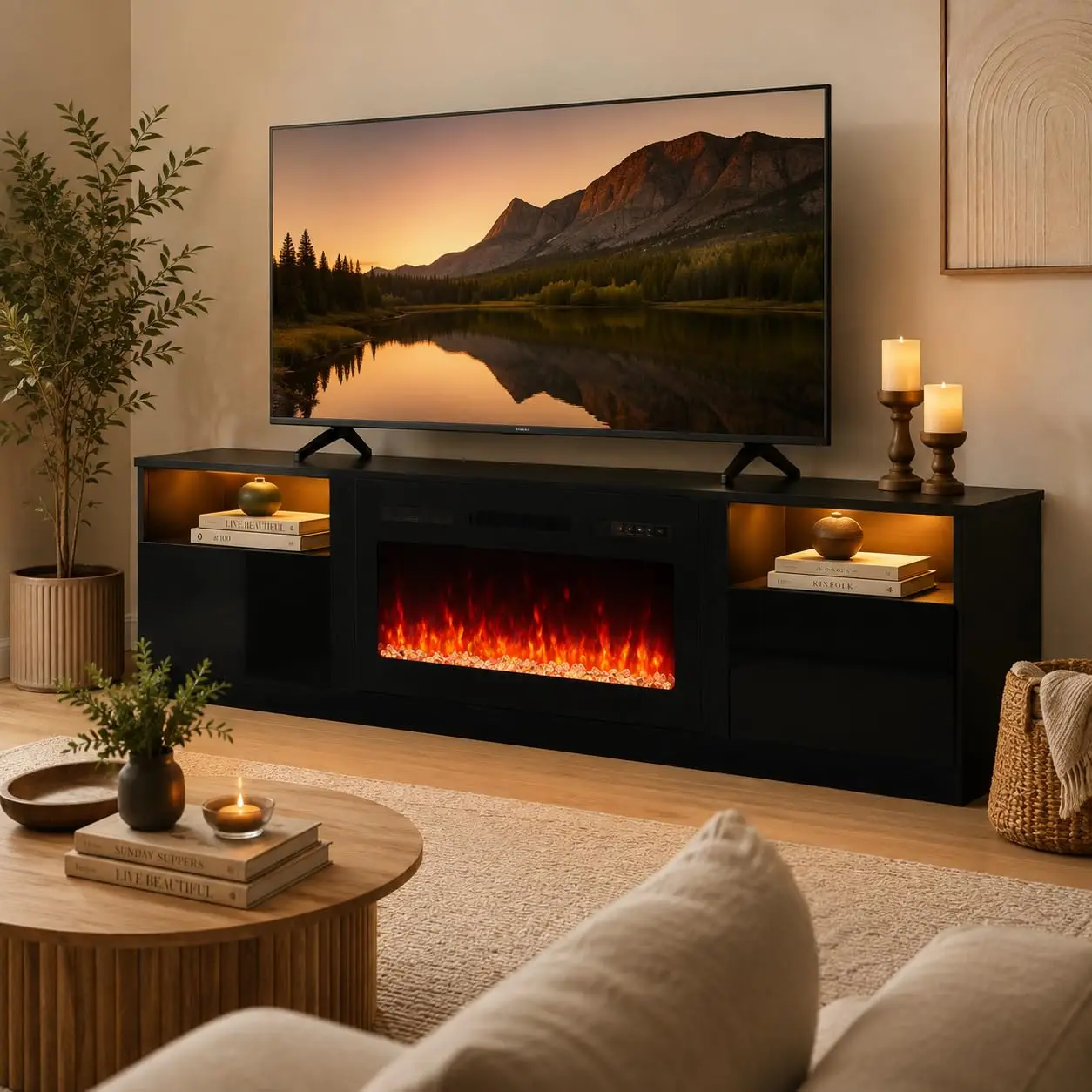 Electric Fireplace TV Stand 80 Inch Media Entertainment Center for TVs Up to 90 Inch with 36 Inch Insert Dual Storage Cabinets 12 Flame Colors 750W 1500W Heater Living Room Furniture Heating and Storage