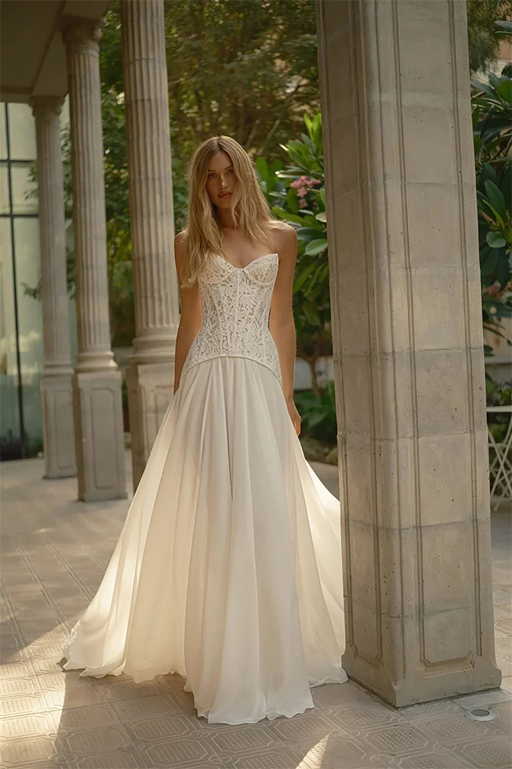 White Floral Lace A-line Wedding Dress, Strapless Zip Back, Church Floor-Length Evening Gown, Customizable.