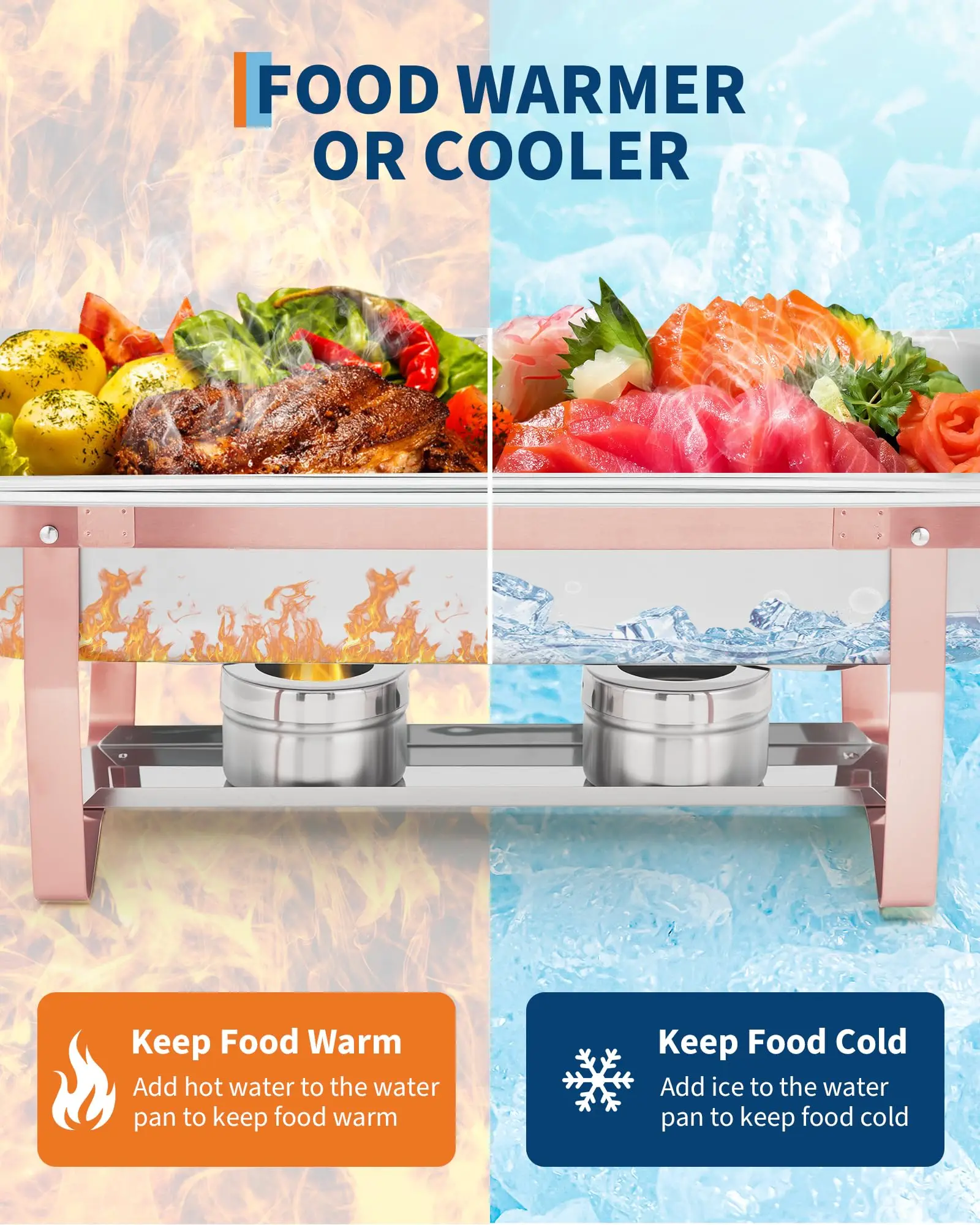 8QT Stainless Steel Chafing Dish Set – Rose Gold Rectangular Buffet Food Warmer with Lid & Collapsible Frame for Catering, Weddings, Parties