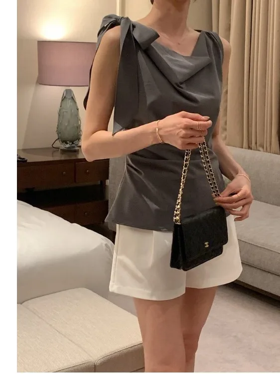 Elegant Women's Shirt Korean Style No Sleeve Belted Slimming Younger Looking Straight Cut Summer Fashion Ladies' Premium Blouse view 2
