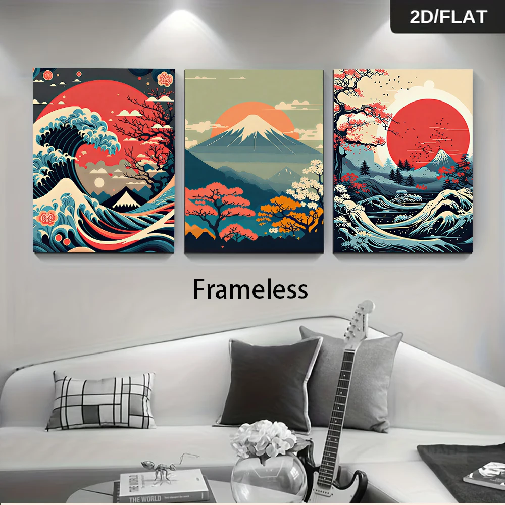 3PCS Large-sized frameless canvas paintings,1 Set triptych frameless Wall Art, Modern Min Japanese Ukiyo-e for Living Room Dinin