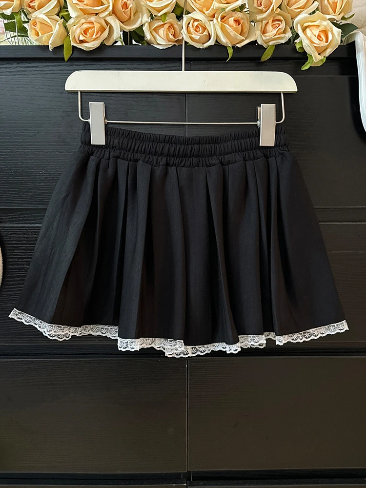 

Casual Lace Trim Splice Dstring High Waist A-Line ort Skirt Women Spring Summer plus Size Sweet Slimming f Body Skirt