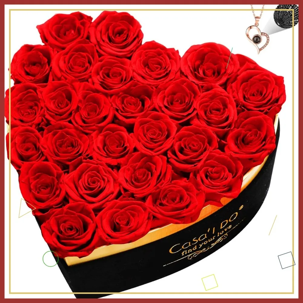 

27 Preserved Red Roses in Heart Box with I Love You Necklace, Eternal Flower Gift for Women on Valentine's Day or Anniversary