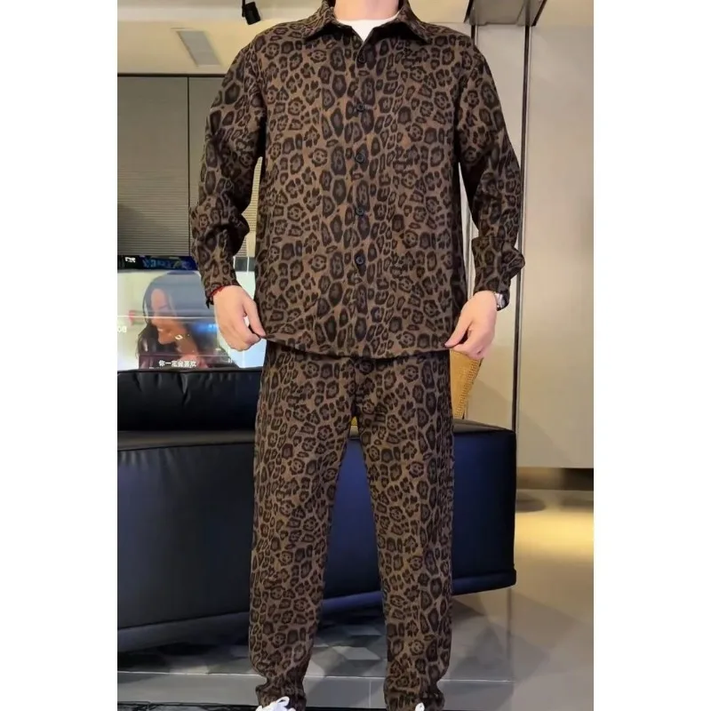 Trendy Suit Retro Leopard Print New Autumn Slim Long-sleeved Shirt Trousers Fashionable and Versatile